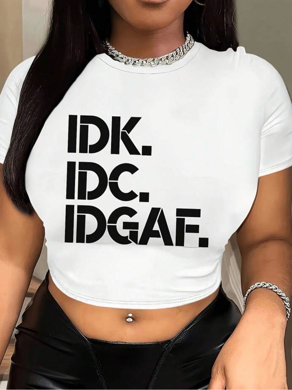 White Graphic Crop Top “IDK. IDC. IDGAF”